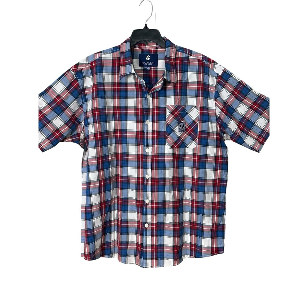 ROCAWEAR Shirt Mens 3XB Red Blue Plaid Button Up Collared Short Sleeve #GH15-4